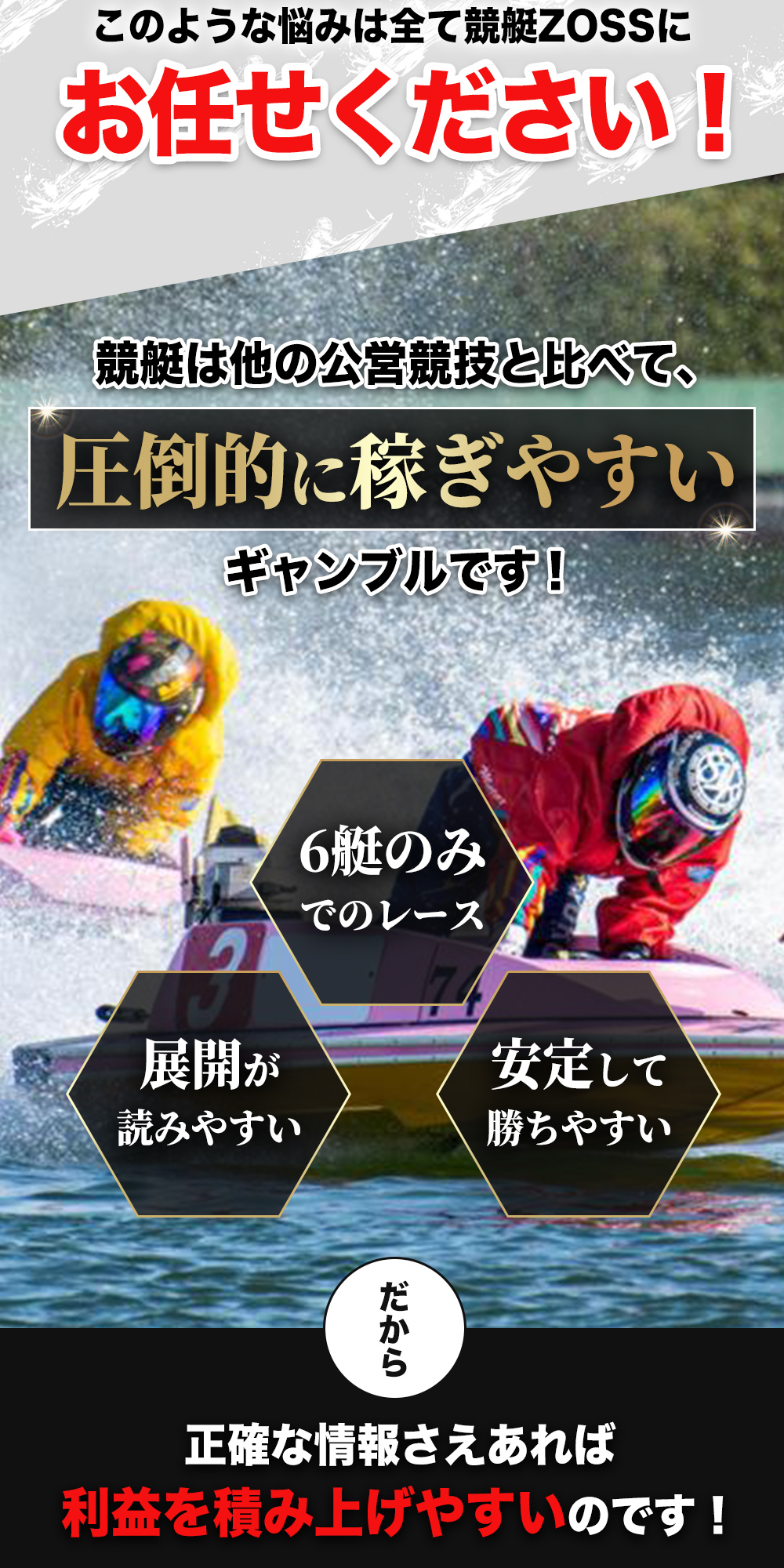 このような悩みは全て競艇ZOSSにお任せください！競艇は他の公営競技と比べて、圧倒的に稼ぎやすいギャンブルです！