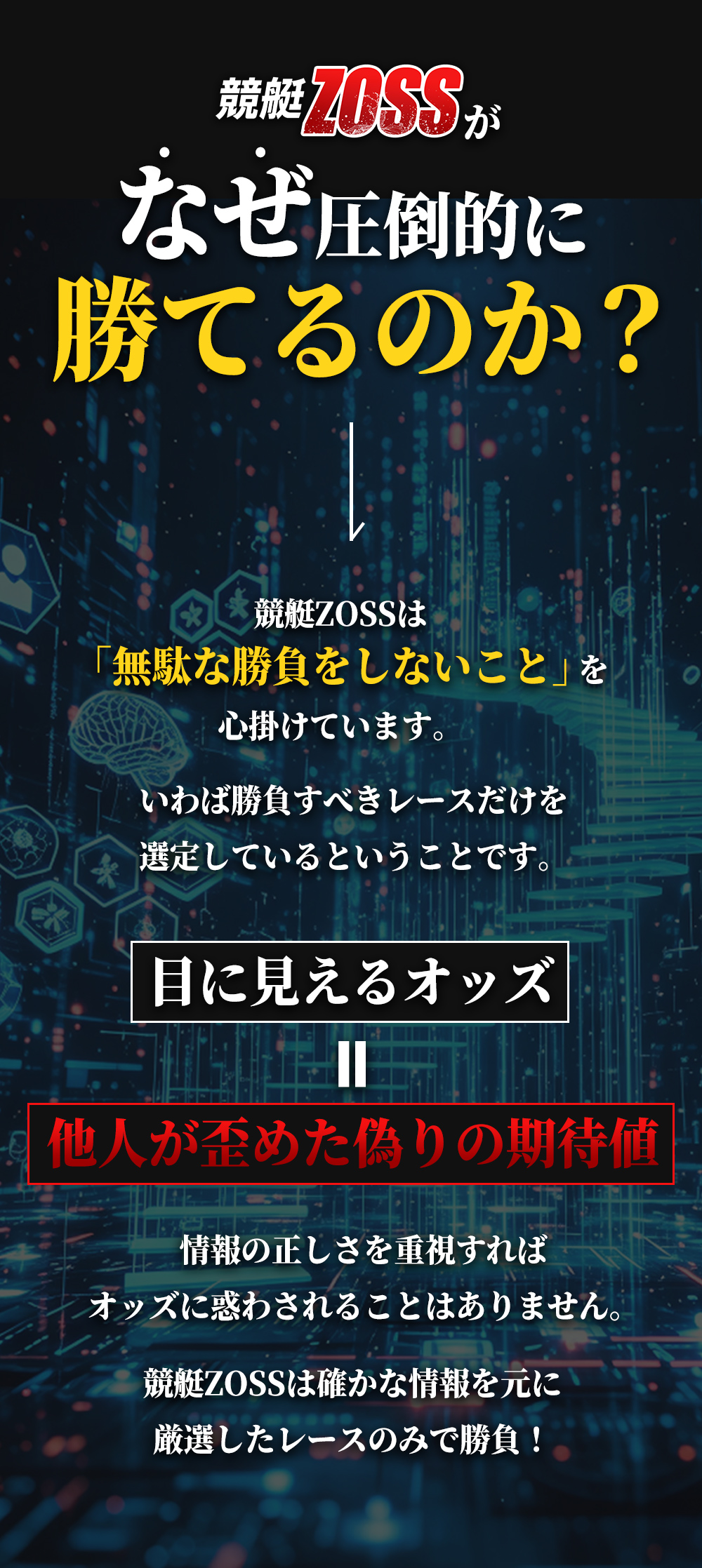 競艇ZOSSがなぜ圧倒的に勝てるのか？競艇ZOSSは「無駄な勝負をしないこと」を心掛けています。